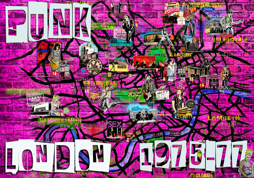Punk Mind Map Punk Rock London A2 size Poster with illustrated key - Pink – Cadiz Merch